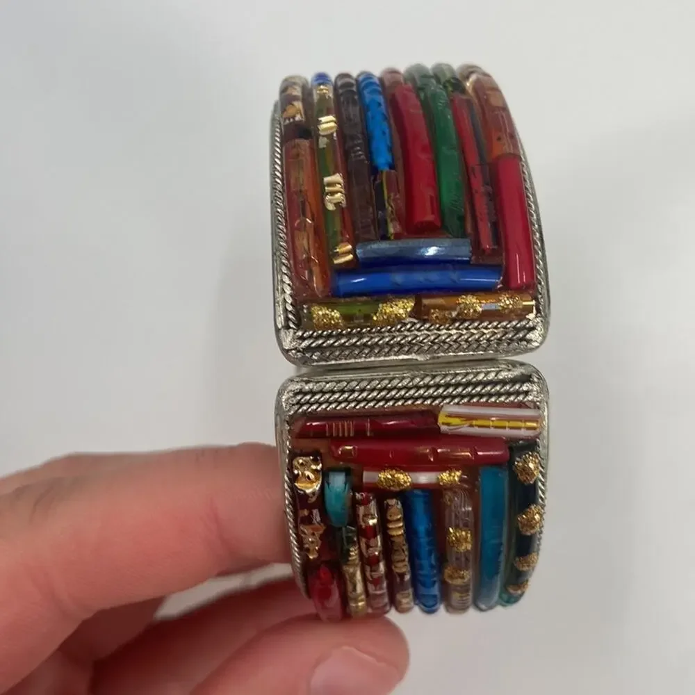 Mosaic Style Multicolored Art Glass Overlay Clamper bracelet
